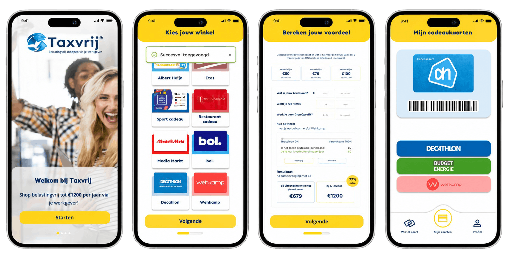 De Taxvrij app op vier telefoons: shoppen, kiezen, je voordeel berekenen en je cadeaukaarten beheren.